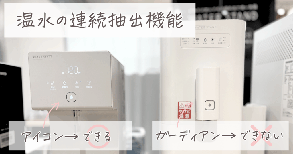 ウォータースタンド アイコン ガーディアン 違い:温水の連続抽出機能があるかないかを解説した画像