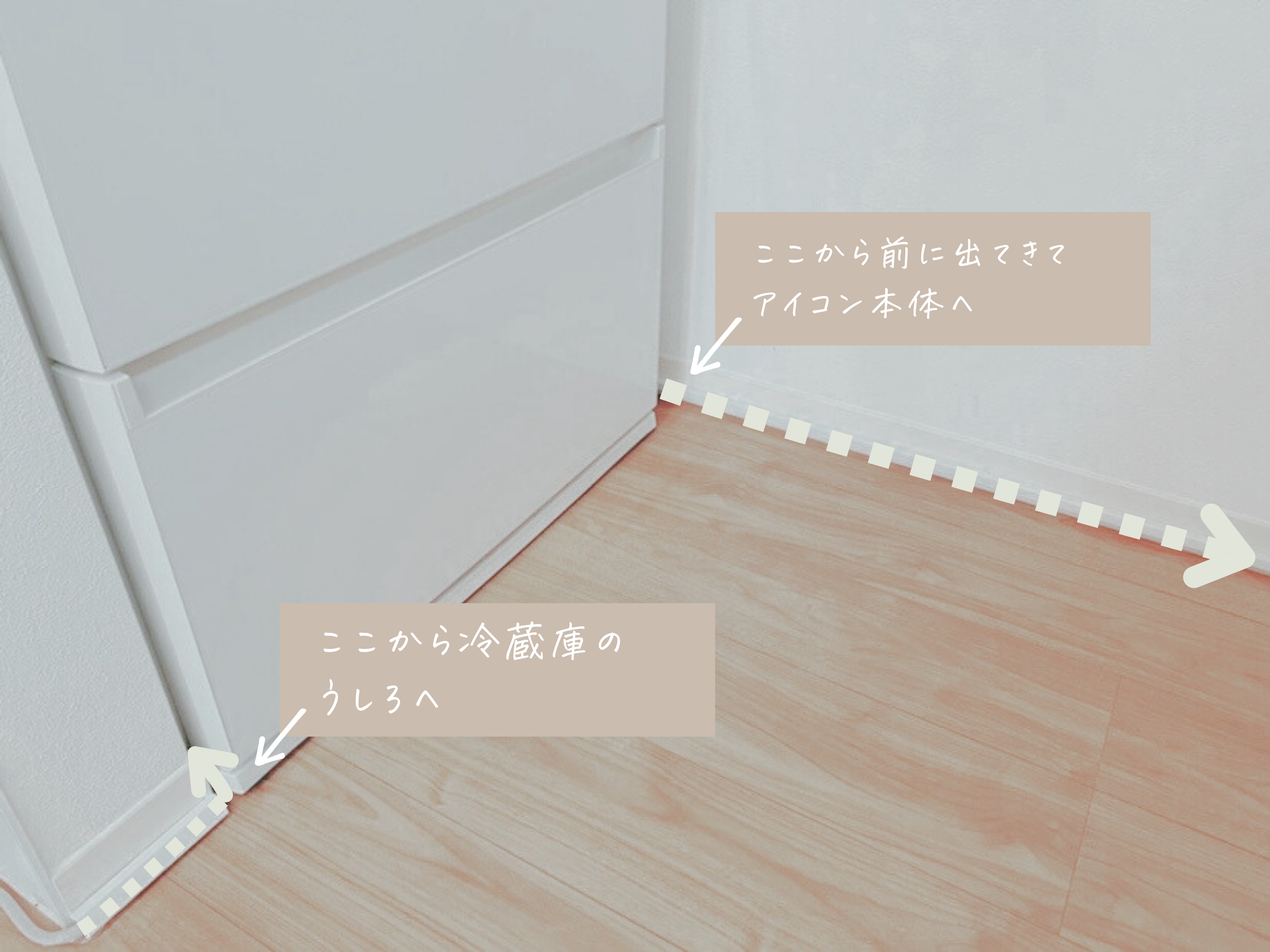 ウォータースタンド設置事例：冷蔵庫周りの配線の様子