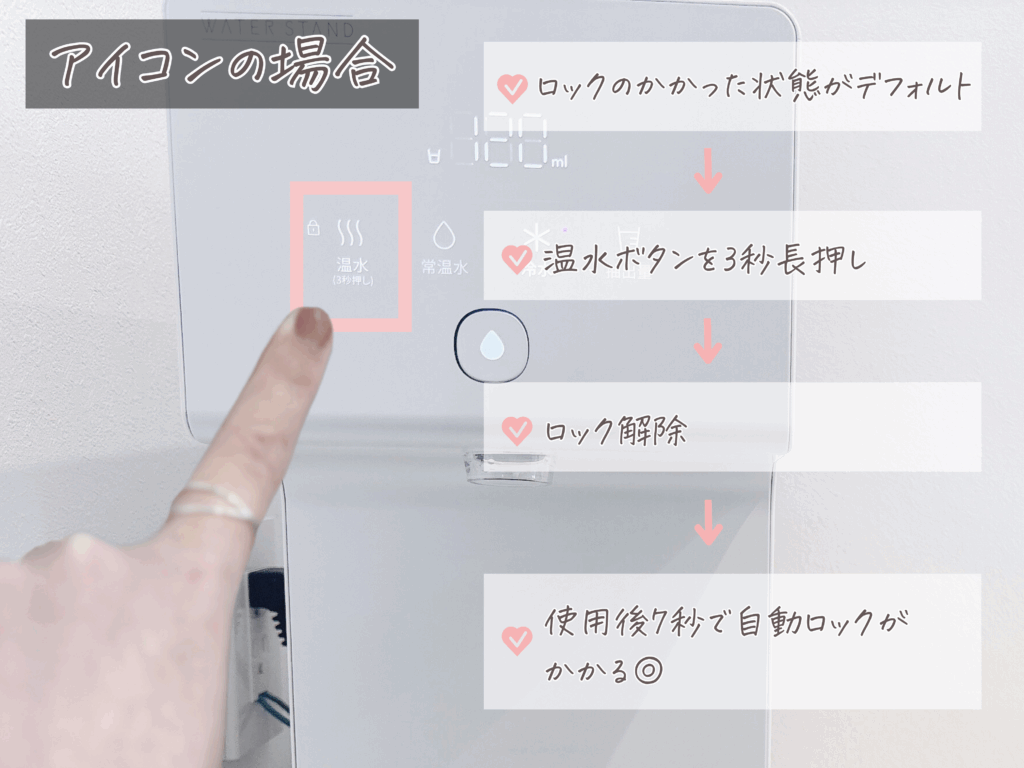 ウォータースタンド チャイルドロック:アイコンの仕様を解説した画像