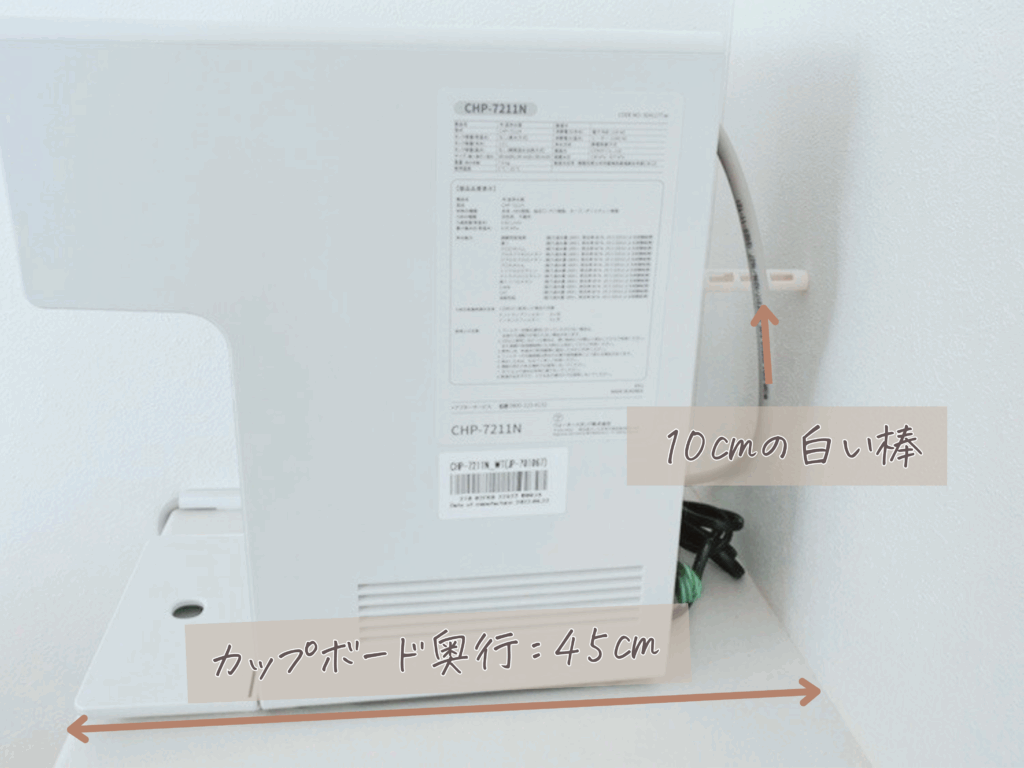 ウォータースタンドとカップボードの奥行を示した画像