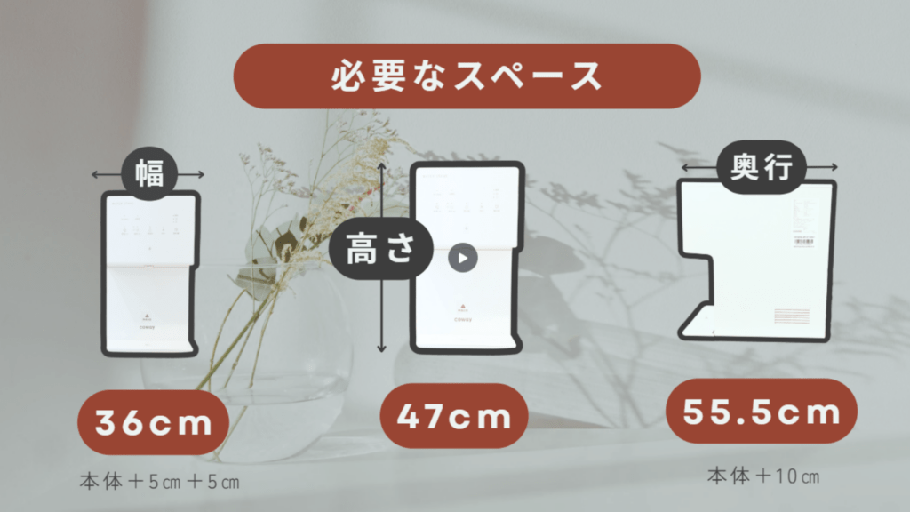 ウォータースタンド ピュアライフ Sを設置するのに必要なスペースを解説した画像